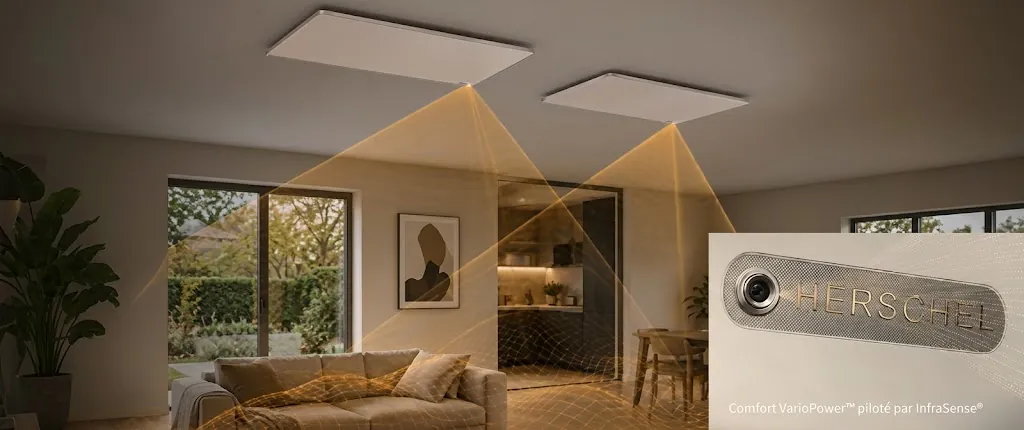 Panneaux Herschel Comfort VarioPower piloté par InfraSense installés au plafond d'un séjour, avec le capteur InfraSense intégré
